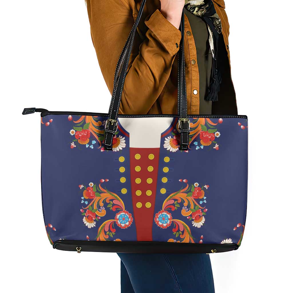 Norwegian Male Bunad Leather Tote Bag with Rosemaling Folk Art Navy Color - Wonder Print Shop