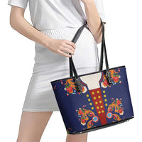 Norwegian Male Bunad Leather Tote Bag with Rosemaling Folk Art Navy Color - Wonder Print Shop