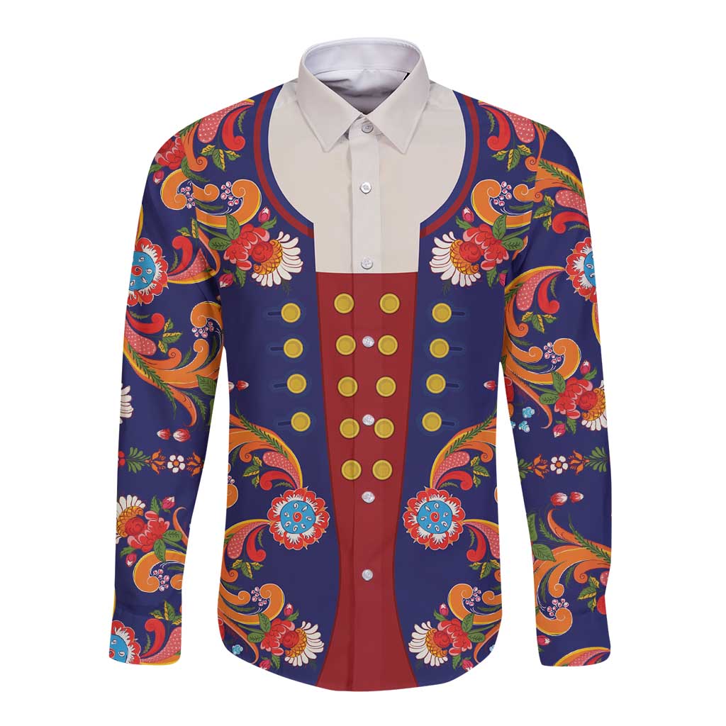 Norwegian Male Bunad Long Sleeve Button Shirt with Rosemaling Folk Art Navy Color - Wonder Print Shop