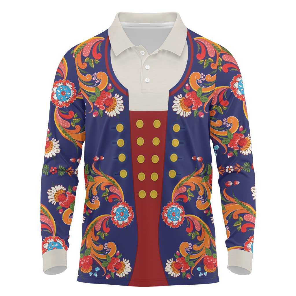 Norwegian Male Bunad Long Sleeve Polo Shirt with Rosemaling Folk Art Navy Color - Wonder Print Shop