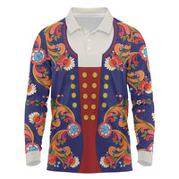 Norwegian Male Bunad Long Sleeve Polo Shirt with Rosemaling Folk Art Navy Color - Wonder Print Shop