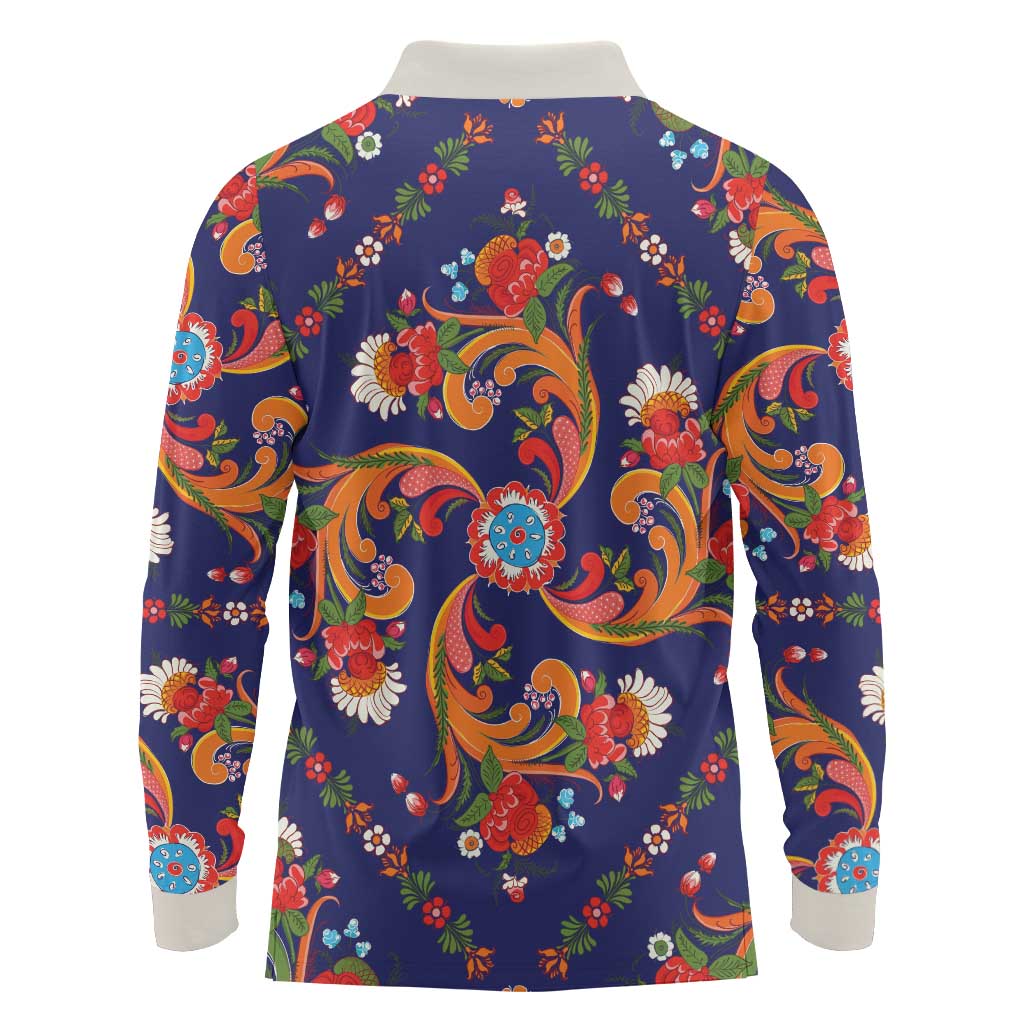 Norwegian Male Bunad Long Sleeve Polo Shirt with Rosemaling Folk Art Navy Color - Wonder Print Shop