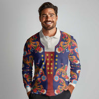 Norwegian Male Bunad Long Sleeve Polo Shirt with Rosemaling Folk Art Navy Color - Wonder Print Shop