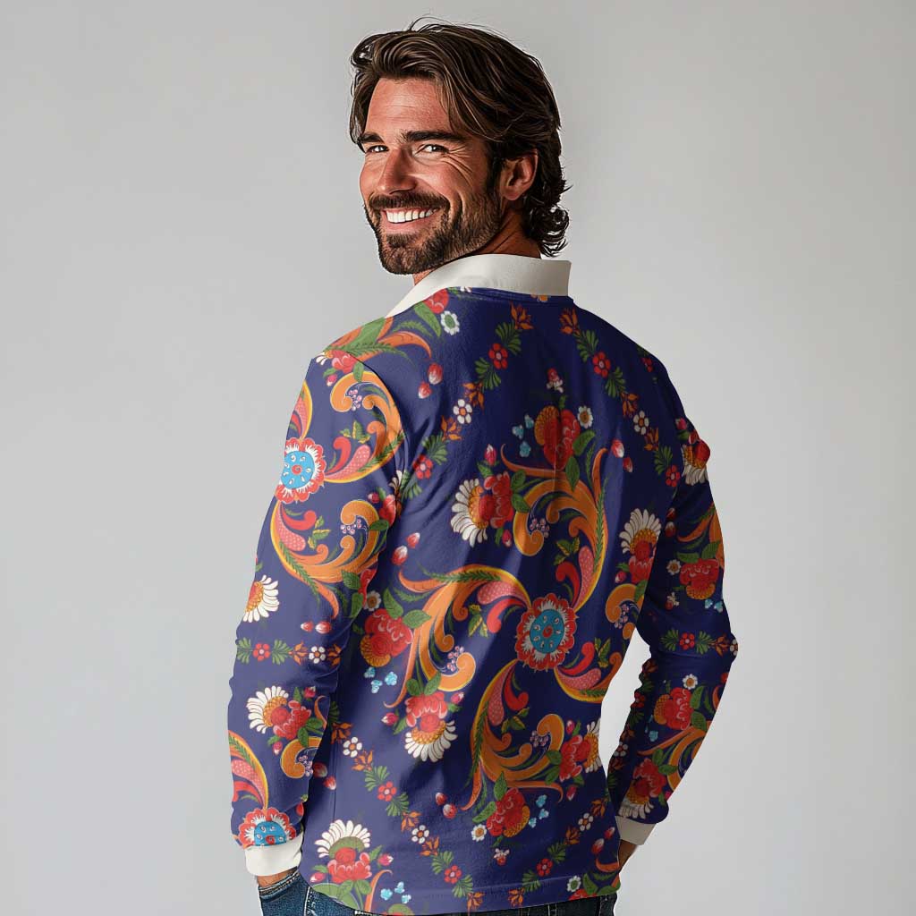 Norwegian Male Bunad Long Sleeve Polo Shirt with Rosemaling Folk Art Navy Color - Wonder Print Shop
