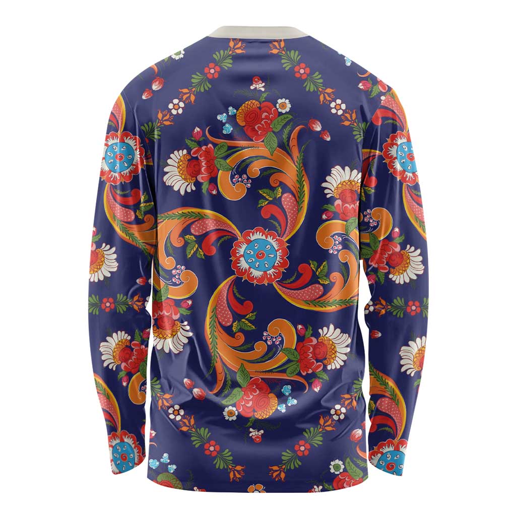 Norwegian Male Bunad Long Sleeve Shirt with Rosemaling Folk Art Navy Color - Wonder Print Shop