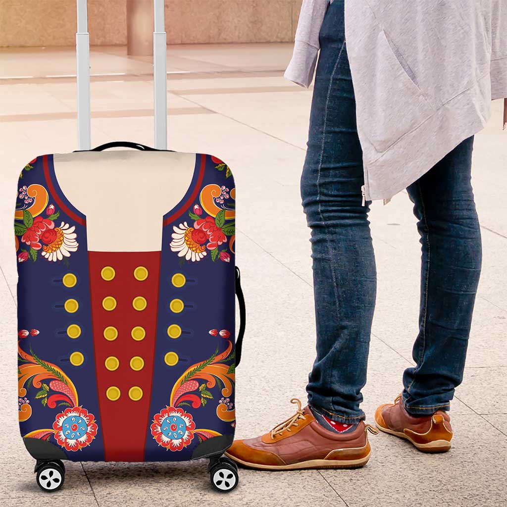 Norwegian Male Bunad Luggage Cover with Rosemaling Folk Art Navy Color - Wonder Print Shop