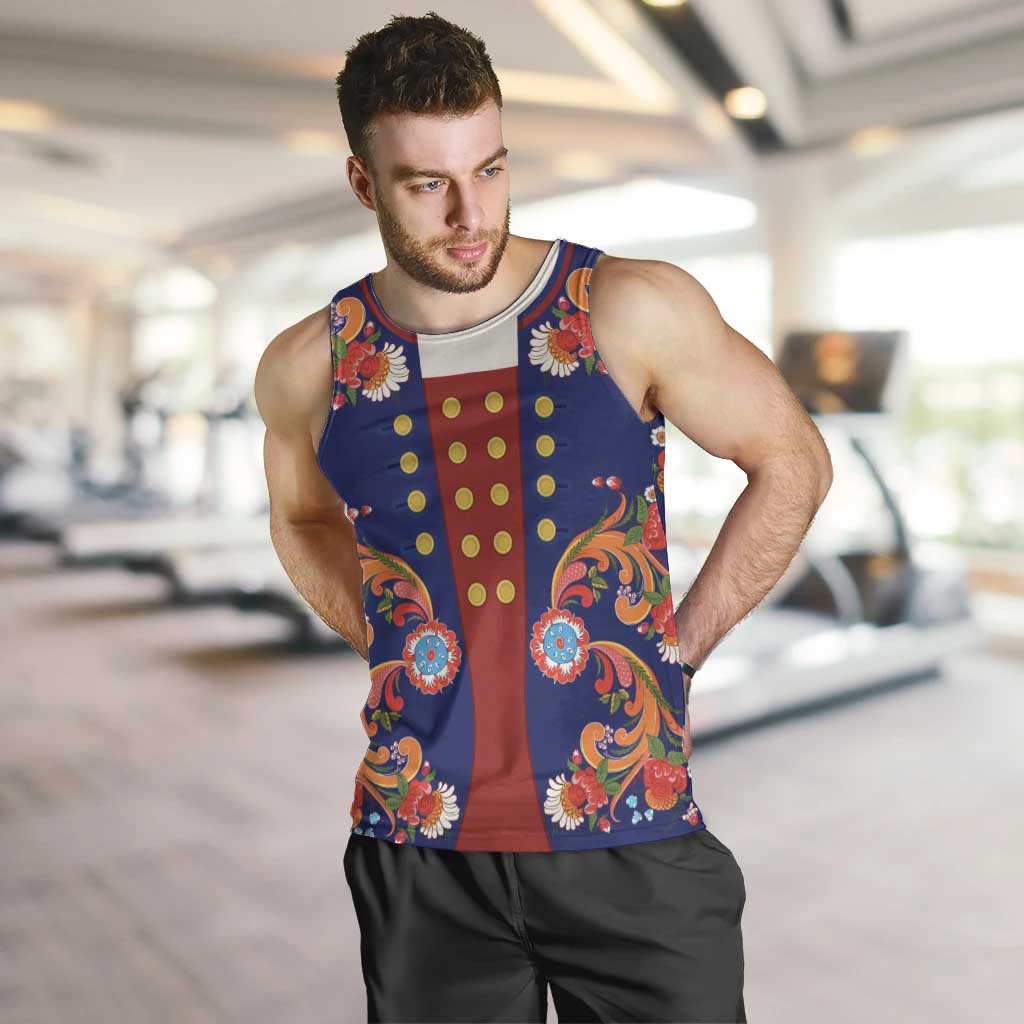 Norwegian Male Bunad Men Tank Top with Rosemaling Folk Art Navy Color - Wonder Print Shop