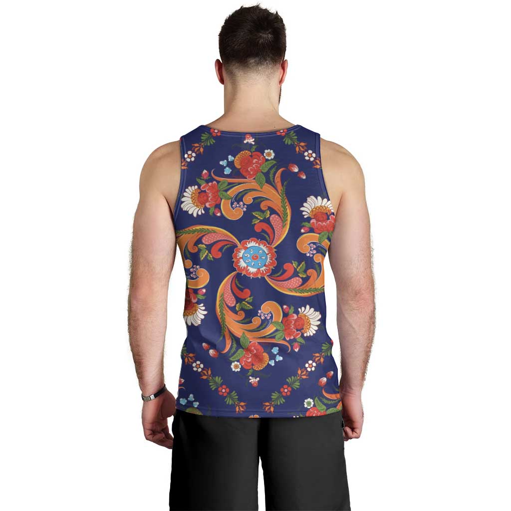 Norwegian Male Bunad Men Tank Top with Rosemaling Folk Art Navy Color - Wonder Print Shop