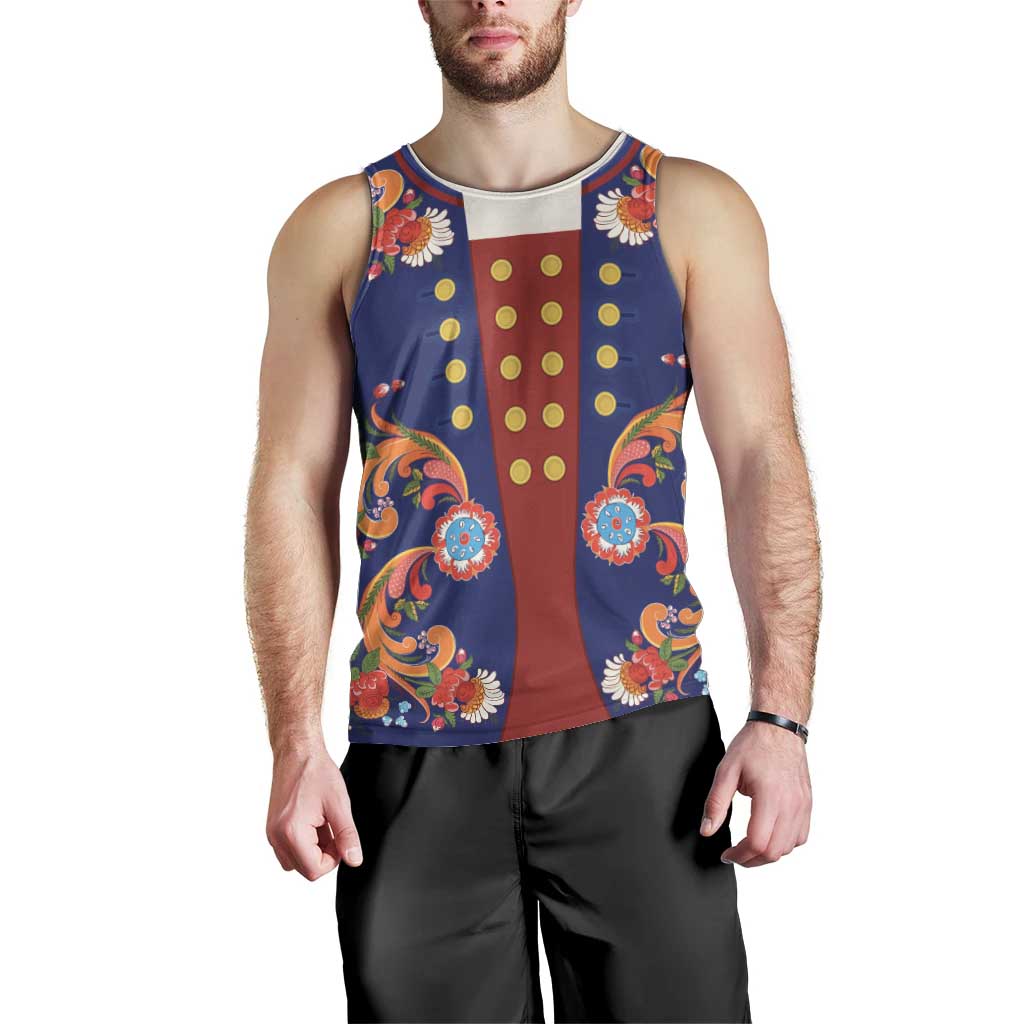 Norwegian Male Bunad Men Tank Top with Rosemaling Folk Art Navy Color - Wonder Print Shop