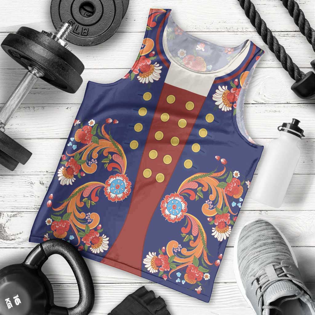 Norwegian Male Bunad Men Tank Top with Rosemaling Folk Art Navy Color - Wonder Print Shop