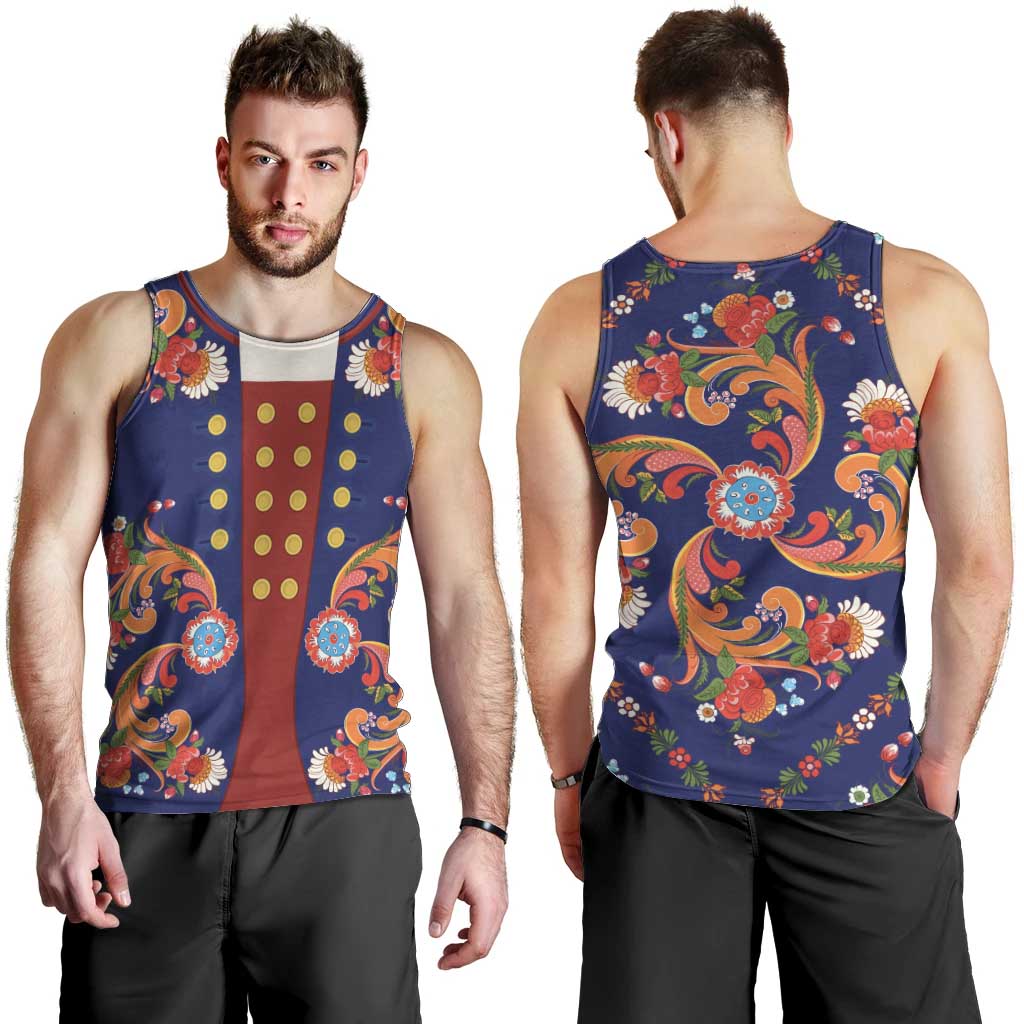 Norwegian Male Bunad Men Tank Top with Rosemaling Folk Art Navy Color - Wonder Print Shop