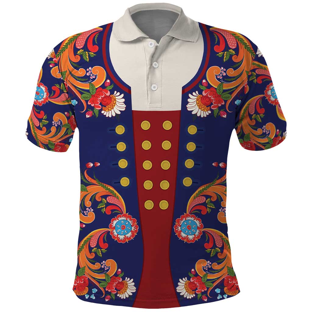 Norwegian Male Bunad Polo Shirt with Rosemaling Folk Art Navy Color - Wonder Print Shop