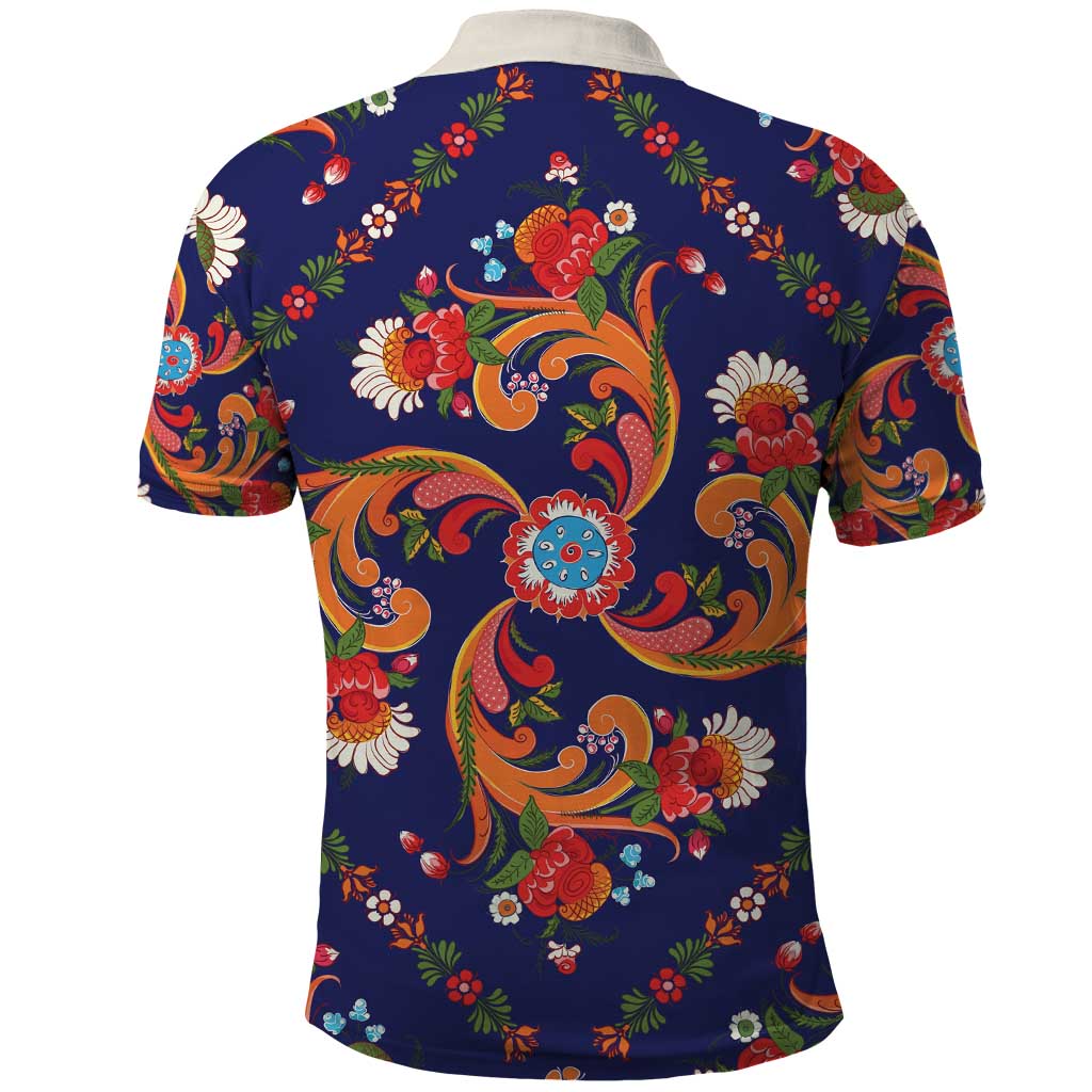 Norwegian Male Bunad Polo Shirt with Rosemaling Folk Art Navy Color - Wonder Print Shop