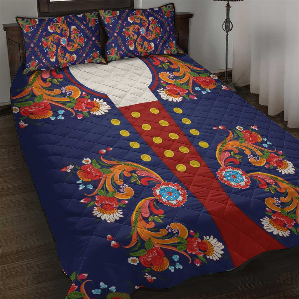 Norwegian Male Bunad Quilt Bed Set with Rosemaling Folk Art Navy Color - Wonder Print Shop