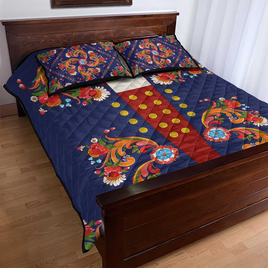 Norwegian Male Bunad Quilt Bed Set with Rosemaling Folk Art Navy Color - Wonder Print Shop