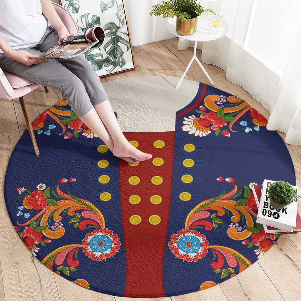 Norwegian Male Bunad Round Carpet with Rosemaling Folk Art Navy Color - Wonder Print Shop