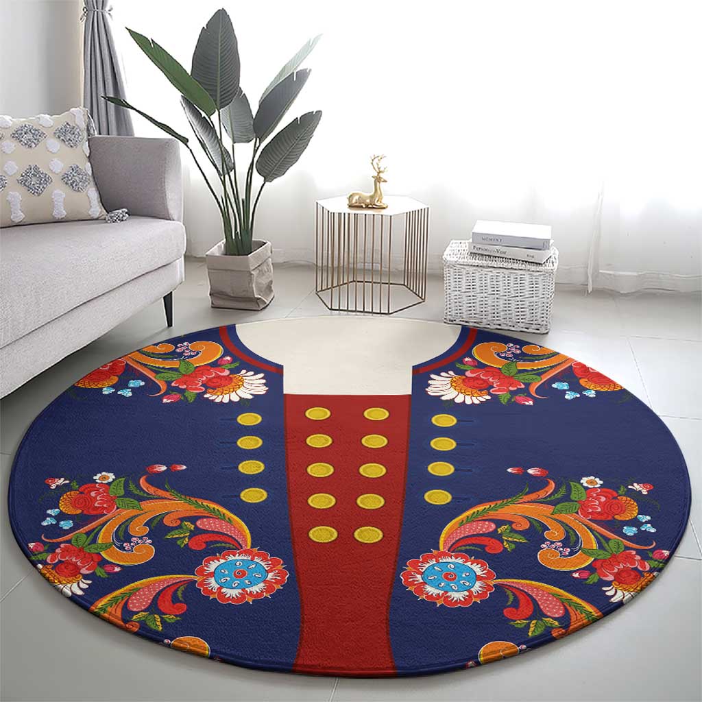 Norwegian Male Bunad Round Carpet with Rosemaling Folk Art Navy Color - Wonder Print Shop