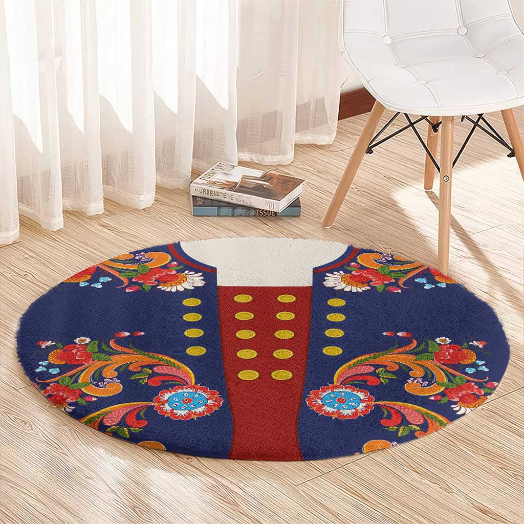 Norwegian Male Bunad Round Carpet with Rosemaling Folk Art Navy Color - Wonder Print Shop