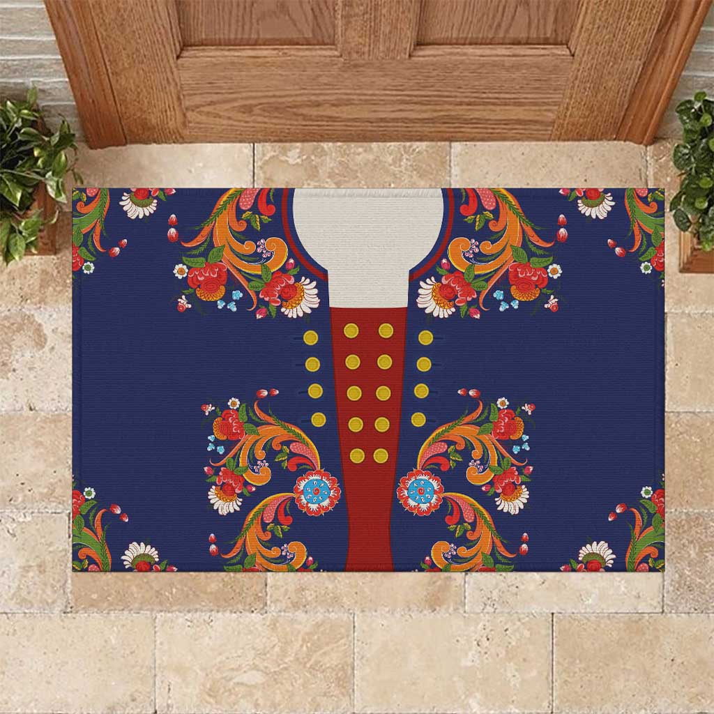 Norwegian Male Bunad Rubber Doormat with Rosemaling Folk Art Navy Color - Wonder Print Shop