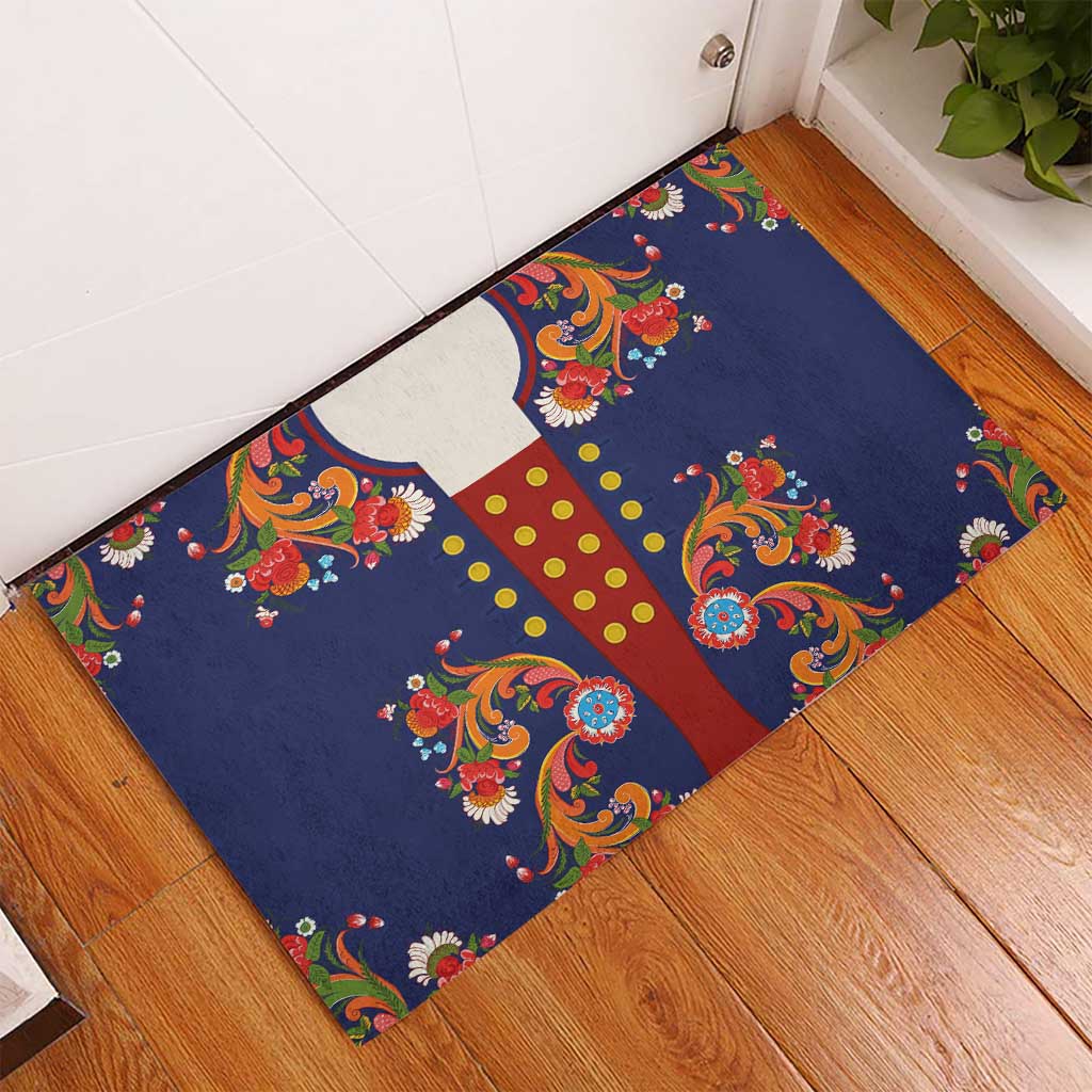 Norwegian Male Bunad Rubber Doormat with Rosemaling Folk Art Navy Color - Wonder Print Shop