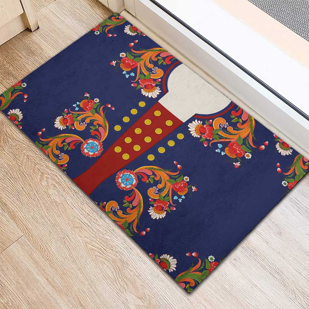 Norwegian Male Bunad Rubber Doormat with Rosemaling Folk Art Navy Color - Wonder Print Shop