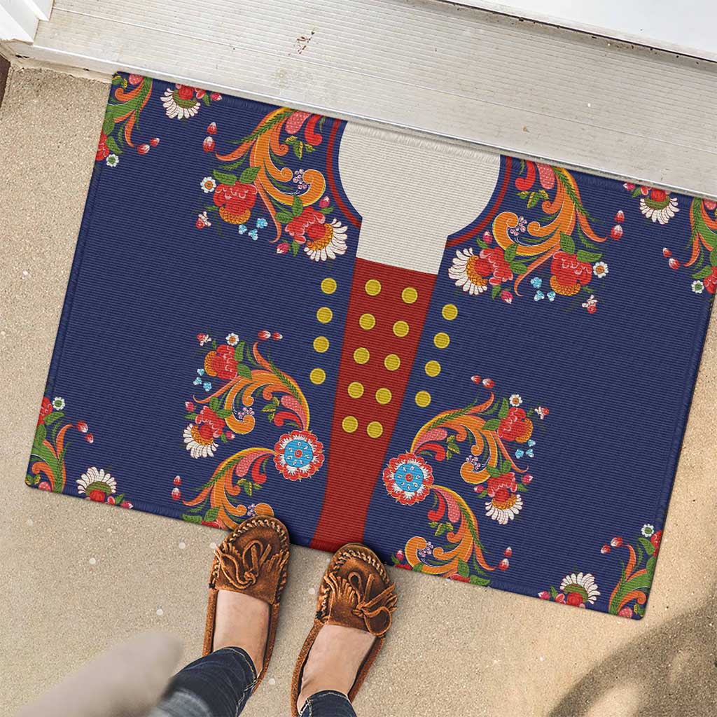 Norwegian Male Bunad Rubber Doormat with Rosemaling Folk Art Navy Color - Wonder Print Shop