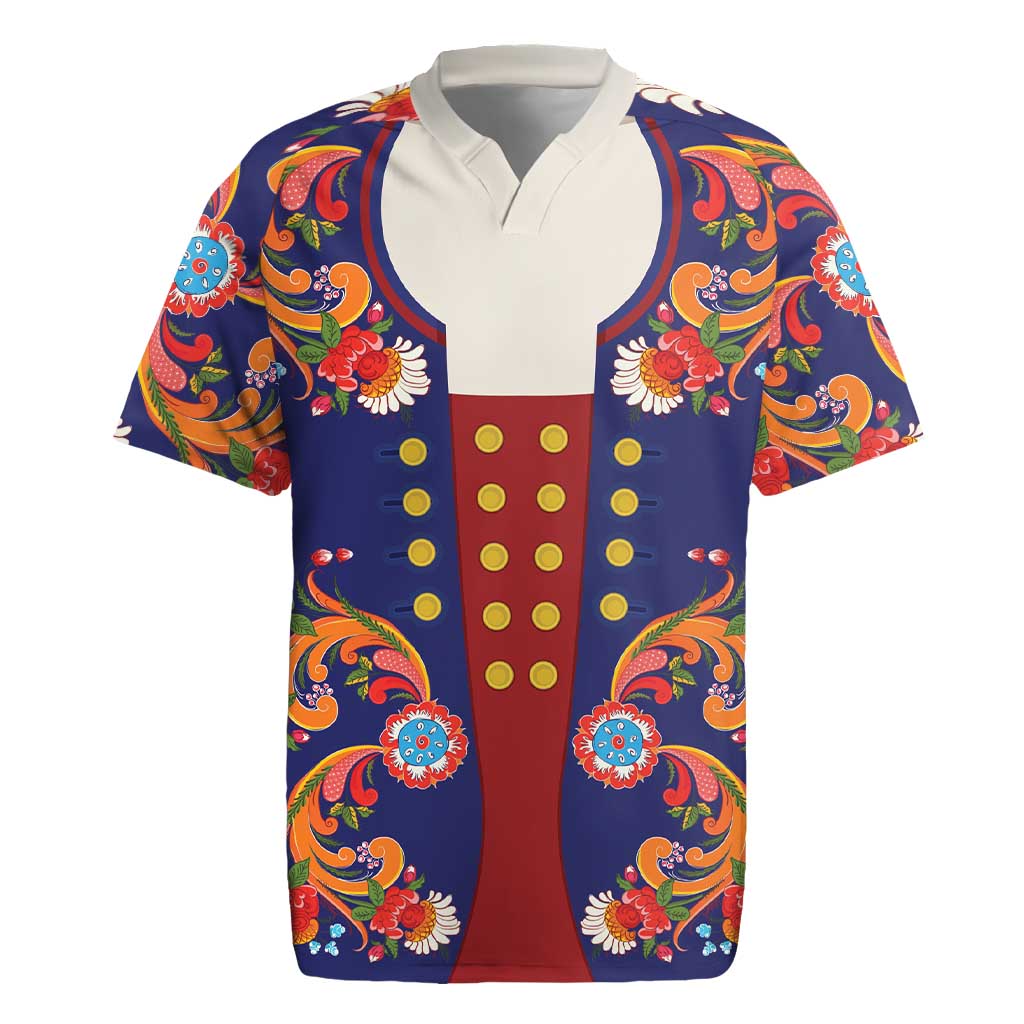 Norwegian Male Bunad Rugby Jersey with Rosemaling Folk Art Navy Color - Wonder Print Shop