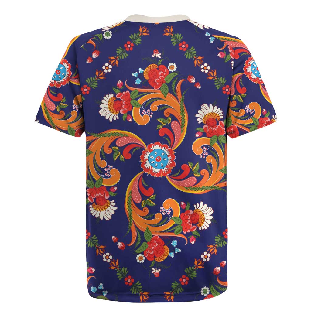Norwegian Male Bunad Rugby Jersey with Rosemaling Folk Art Navy Color - Wonder Print Shop