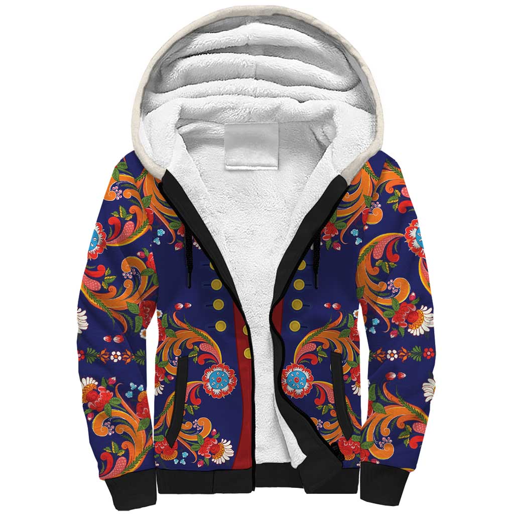 Norwegian Male Bunad Sherpa Hoodie with Rosemaling Folk Art Navy Color - Wonder Print Shop