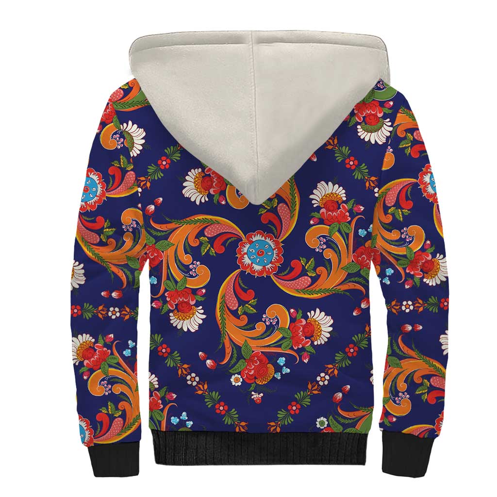Norwegian Male Bunad Sherpa Hoodie with Rosemaling Folk Art Navy Color - Wonder Print Shop