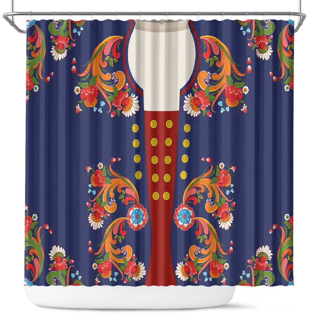 Norwegian Male Bunad Shower Curtain with Rosemaling Folk Art Navy Color - Wonder Print Shop
