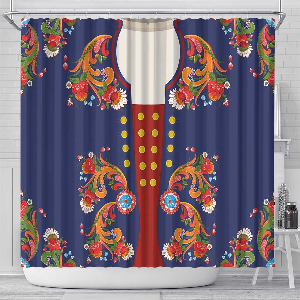 Norwegian Male Bunad Shower Curtain with Rosemaling Folk Art Navy Color - Wonder Print Shop