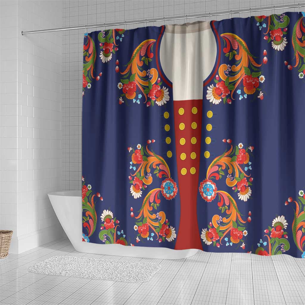 Norwegian Male Bunad Shower Curtain with Rosemaling Folk Art Navy Color - Wonder Print Shop