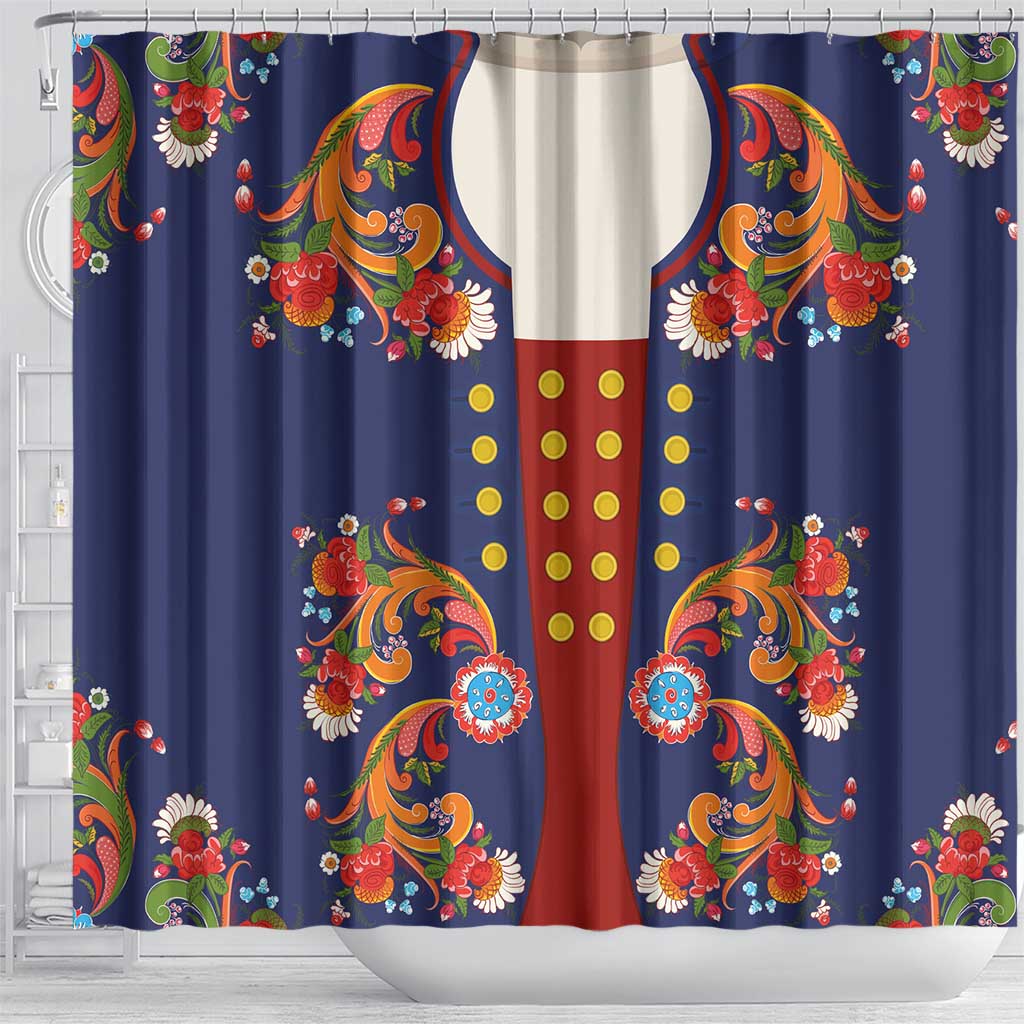 Norwegian Male Bunad Shower Curtain with Rosemaling Folk Art Navy Color - Wonder Print Shop