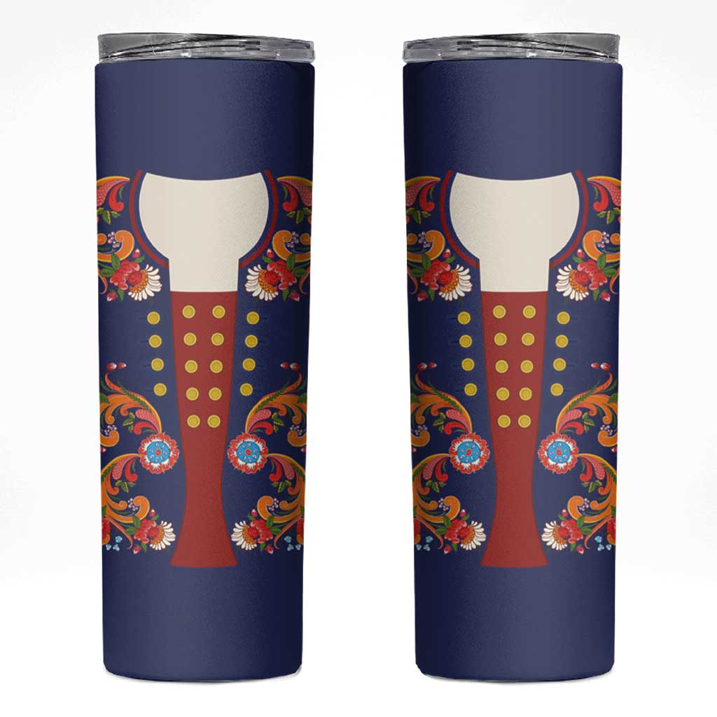 Norwegian Male Bunad Skinny Tumbler with Rosemaling Folk Art Navy Color - Wonder Print Shop