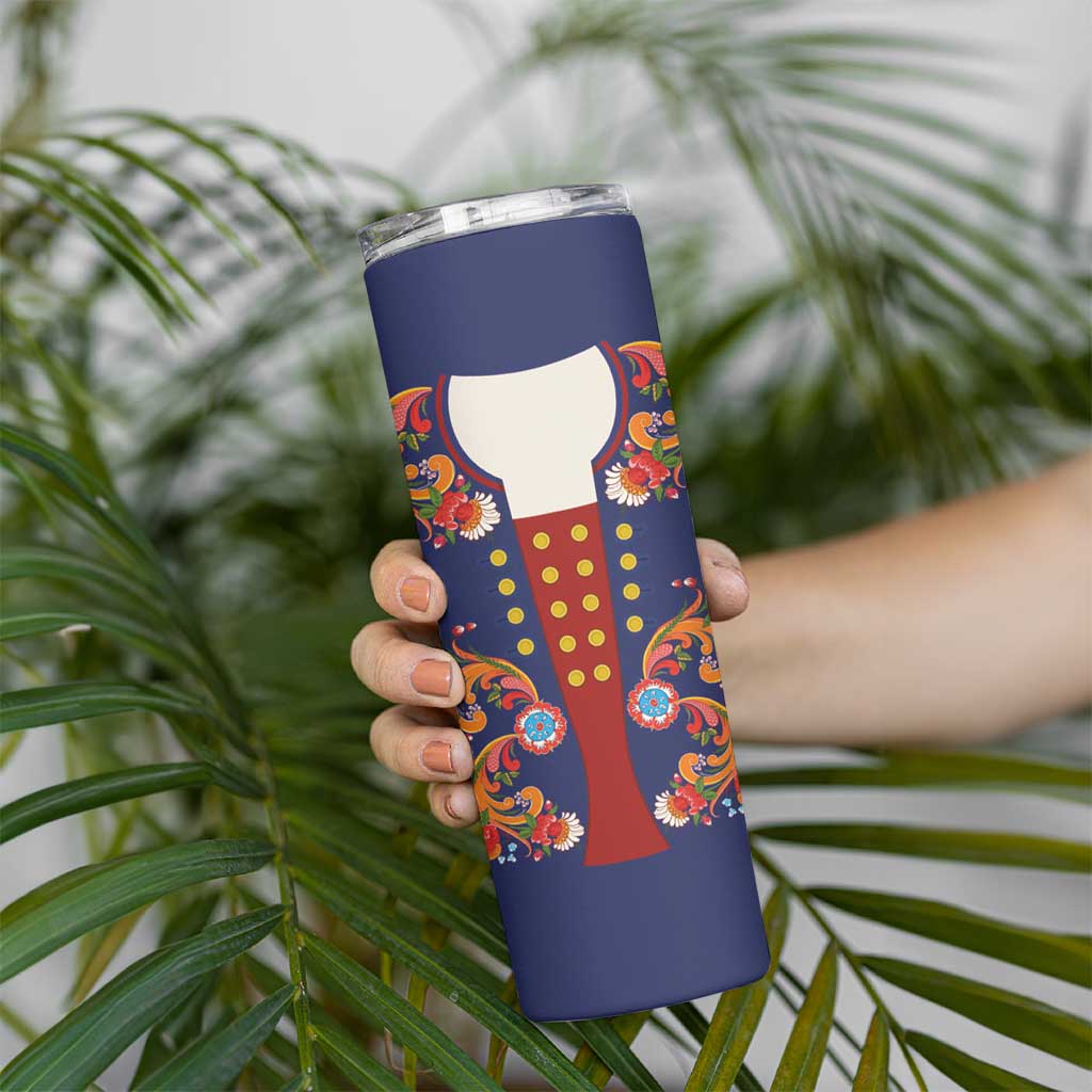 Norwegian Male Bunad Skinny Tumbler with Rosemaling Folk Art Navy Color - Wonder Print Shop