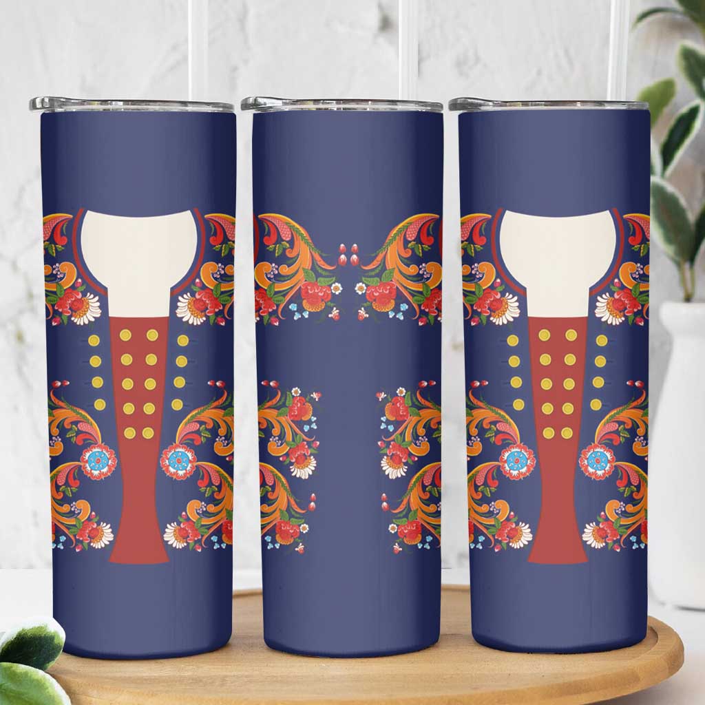 Norwegian Male Bunad Skinny Tumbler with Rosemaling Folk Art Navy Color - Wonder Print Shop