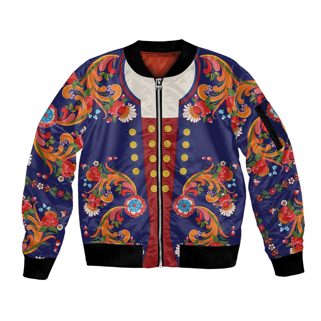 Norwegian Male Bunad Sleeve Zip Bomber Jacket with Rosemaling Folk Art Navy Color - Wonder Print Shop