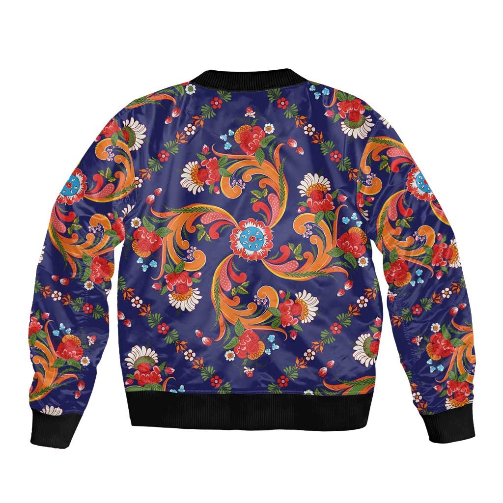 Norwegian Male Bunad Sleeve Zip Bomber Jacket with Rosemaling Folk Art Navy Color - Wonder Print Shop