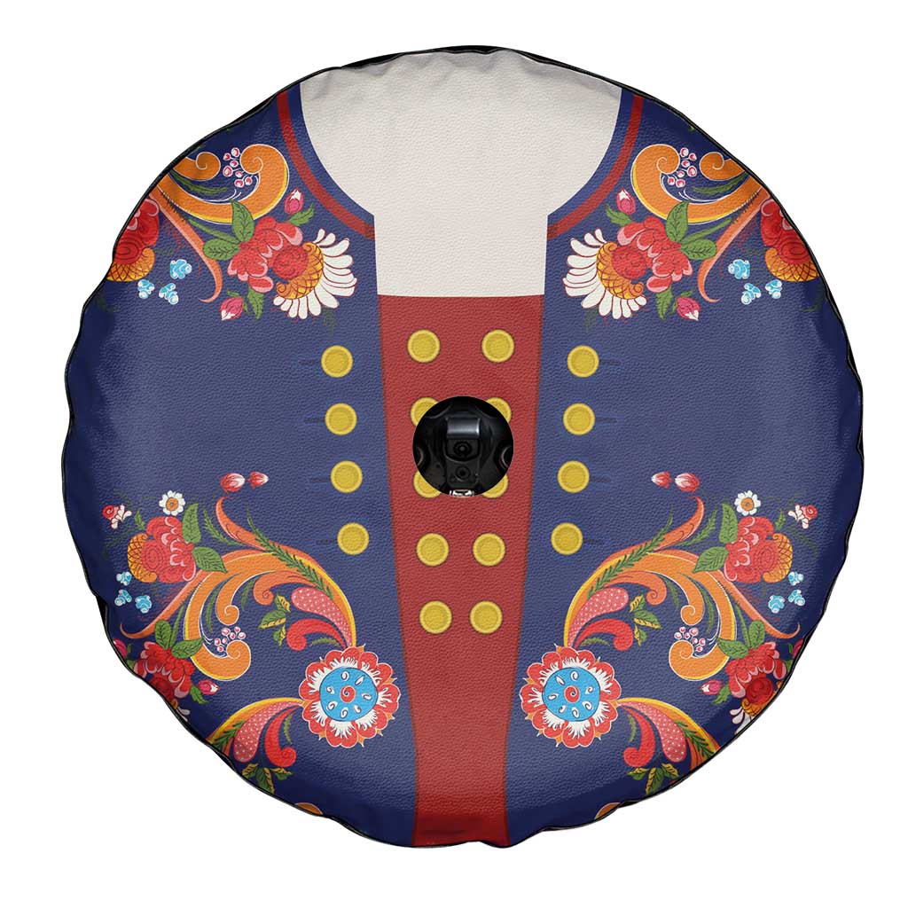 Norwegian Male Bunad Spare Tire Cover with Rosemaling Folk Art Navy Color - Wonder Print Shop