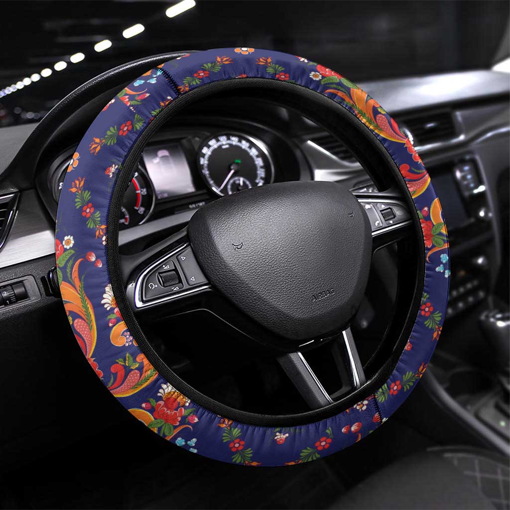 Norwegian Male Bunad Steering Wheel Cover with Rosemaling Folk Art Navy Color - Wonder Print Shop
