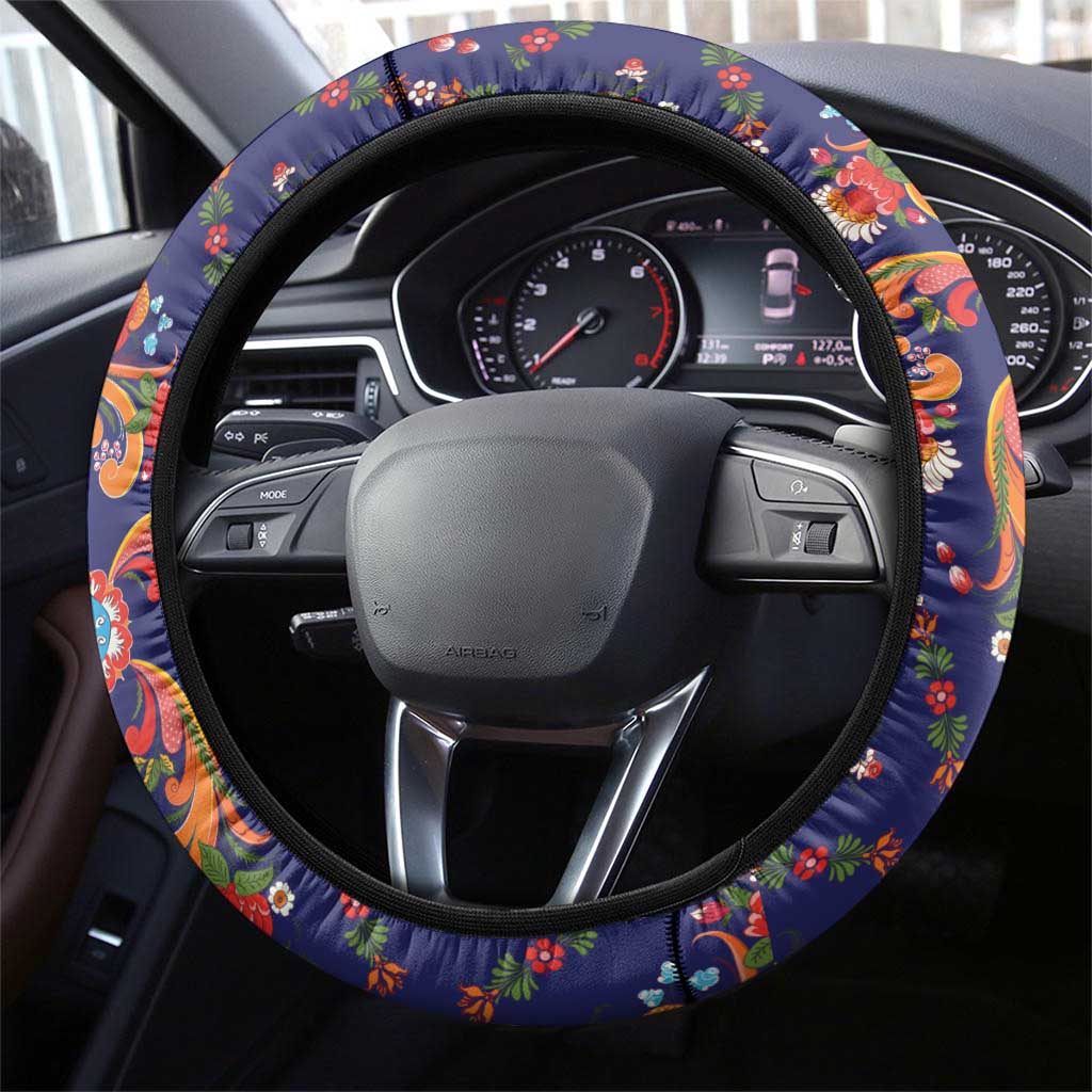 Norwegian Male Bunad Steering Wheel Cover with Rosemaling Folk Art Navy Color - Wonder Print Shop
