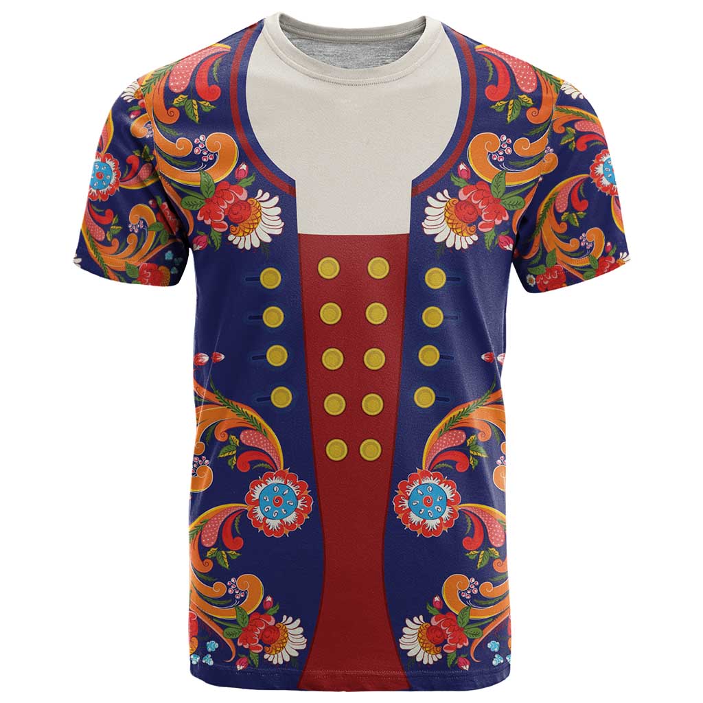 Norwegian Male Bunad T Shirt with Rosemaling Folk Art Navy Color - Wonder Print Shop