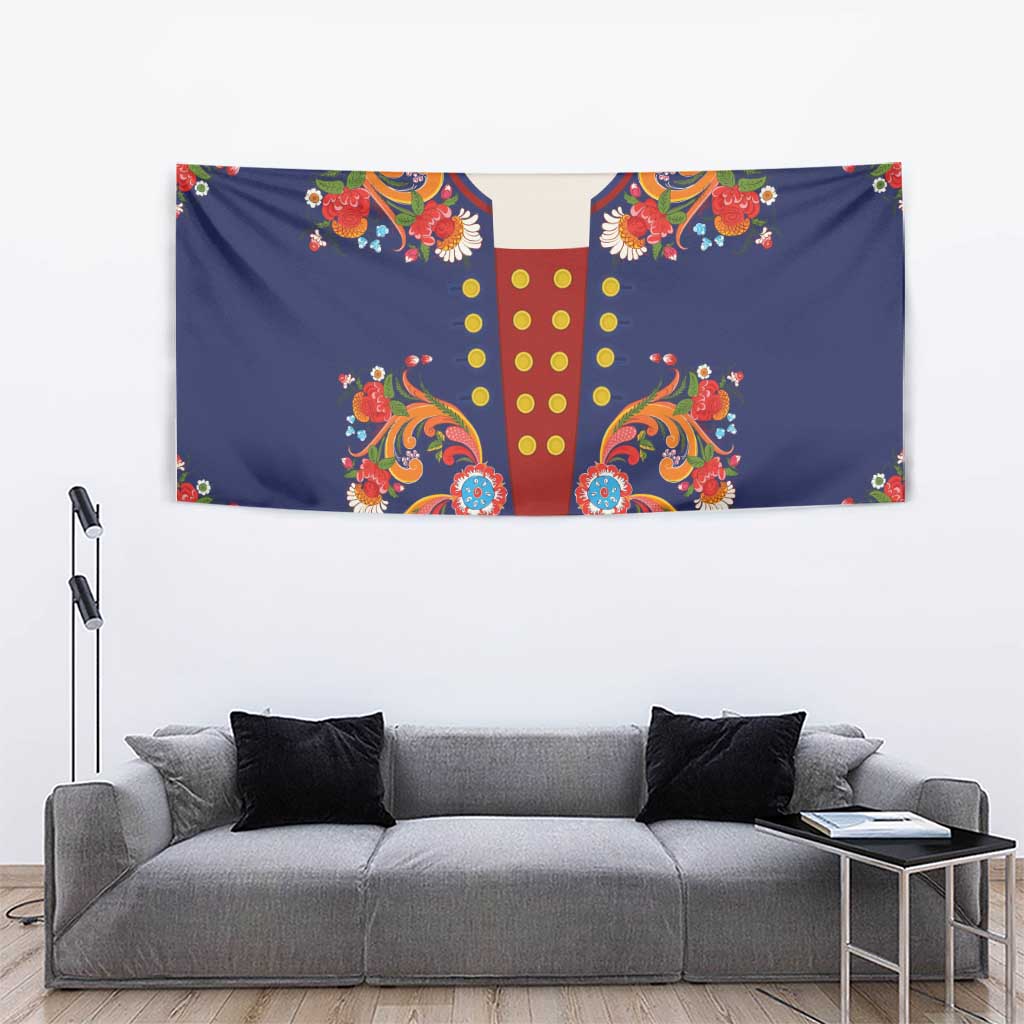 Norwegian Male Bunad Tapestry with Rosemaling Folk Art Navy Color - Wonder Print Shop