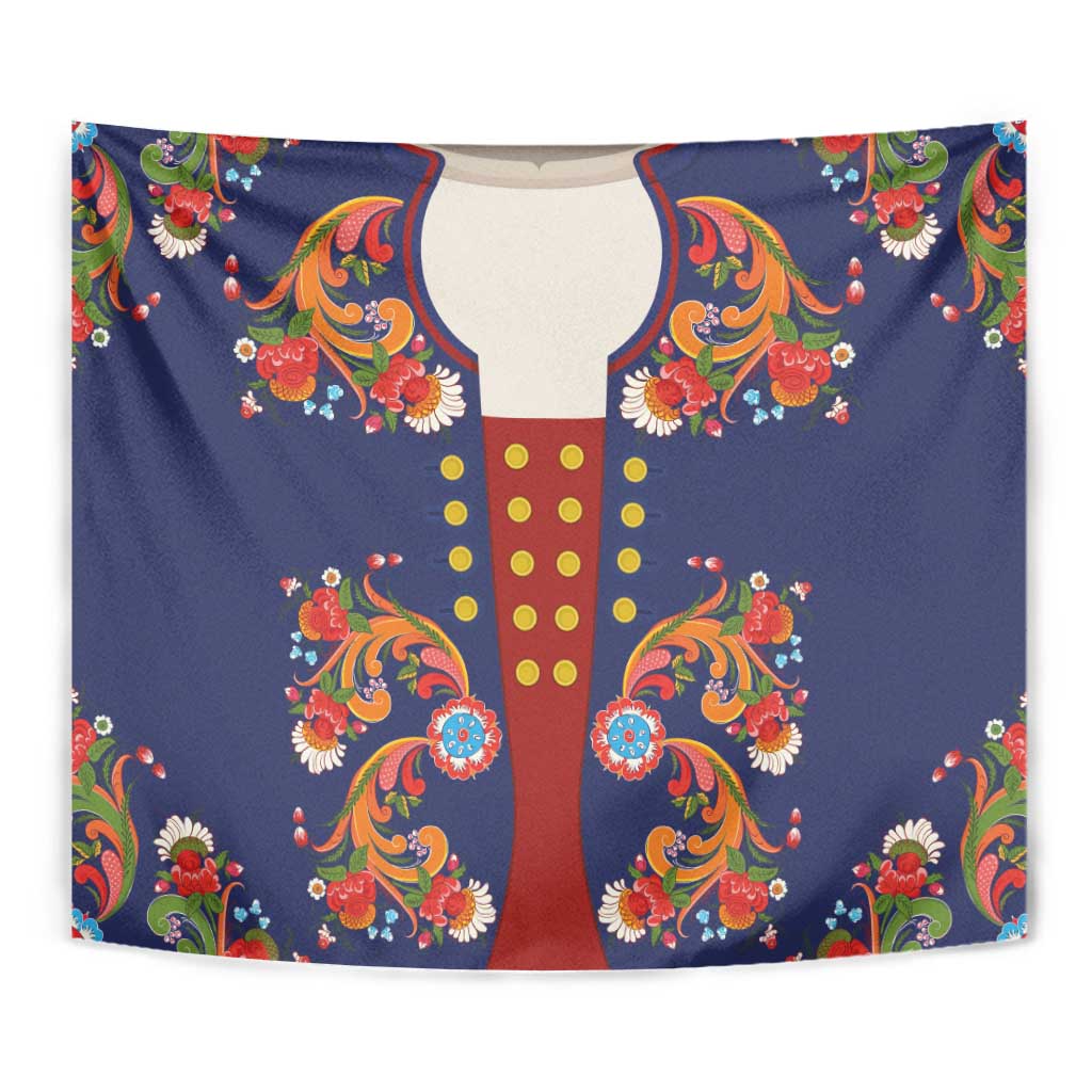 Norwegian Male Bunad Tapestry with Rosemaling Folk Art Navy Color - Wonder Print Shop