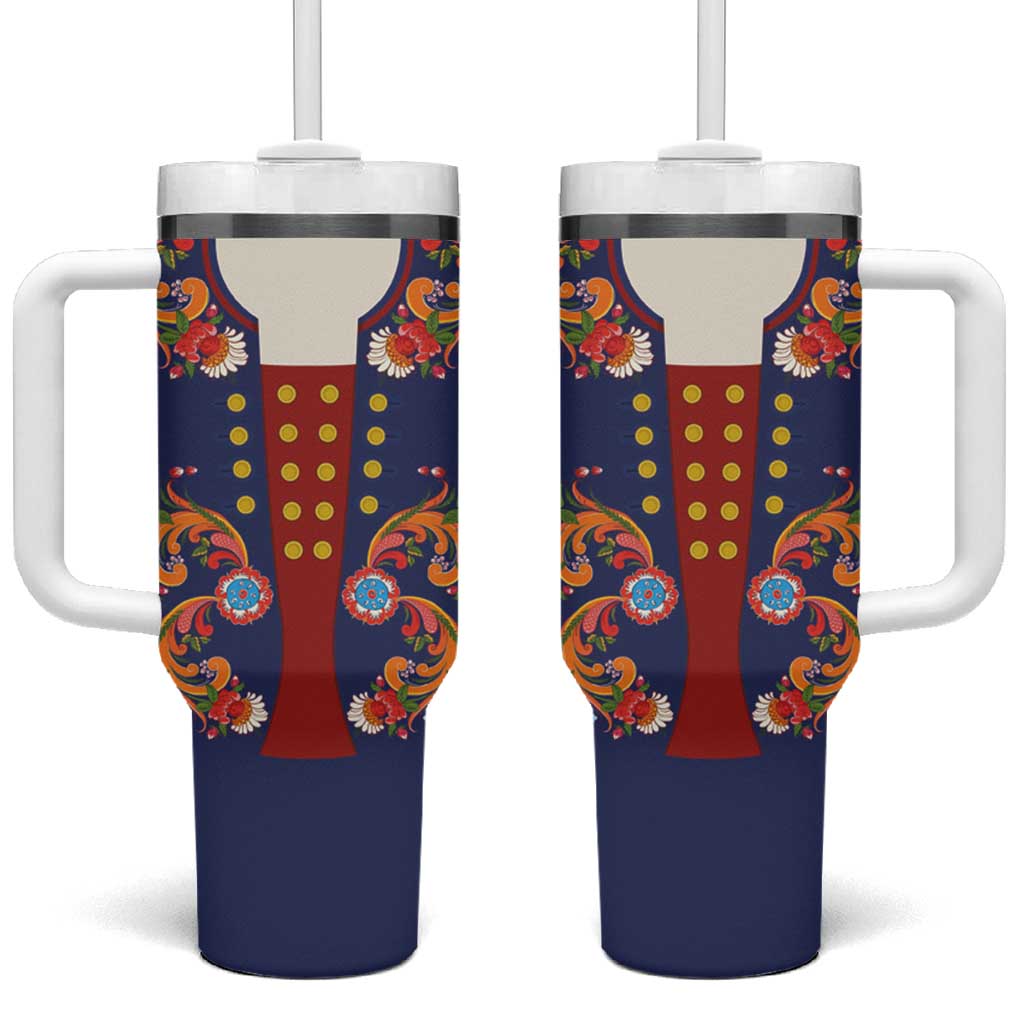 Norwegian Male Bunad Tumbler With Handle with Rosemaling Folk Art Navy Color - Wonder Print Shop