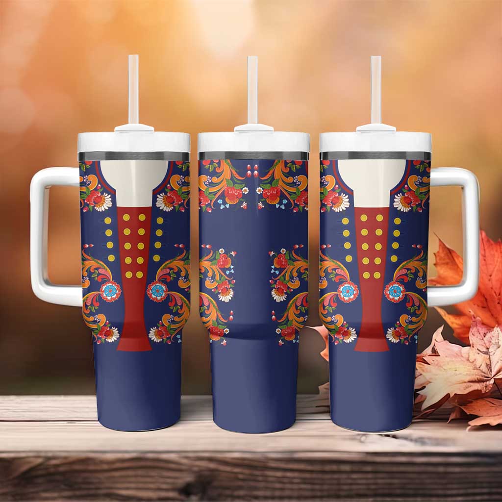 Norwegian Male Bunad Tumbler With Handle with Rosemaling Folk Art Navy Color - Wonder Print Shop