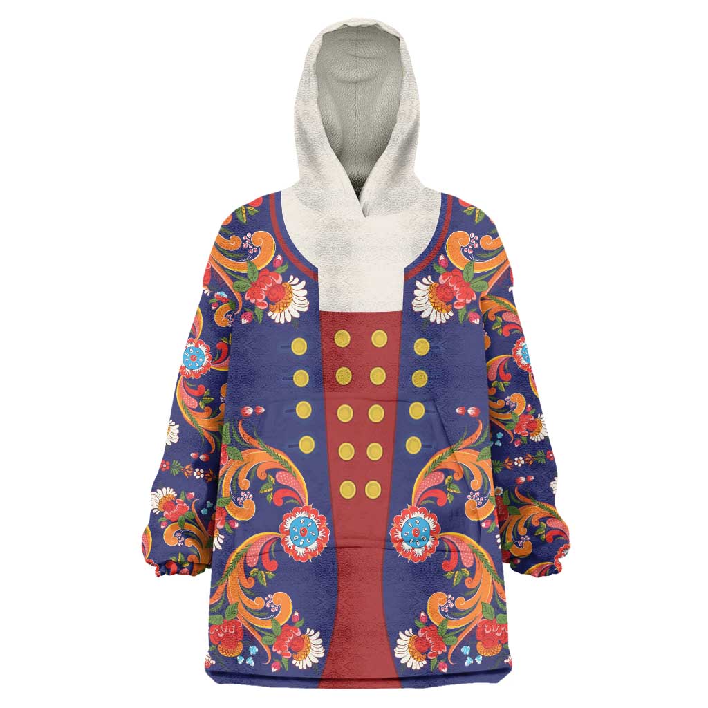 Norwegian Male Bunad Wearable Blanket Hoodie with Rosemaling Folk Art Navy Color - Wonder Print Shop