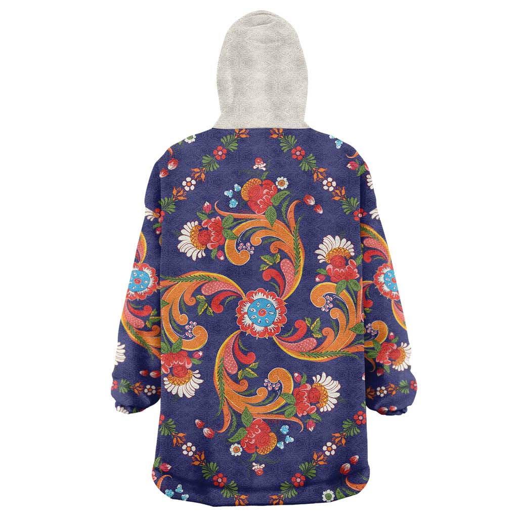 Norwegian Male Bunad Wearable Blanket Hoodie with Rosemaling Folk Art Navy Color - Wonder Print Shop