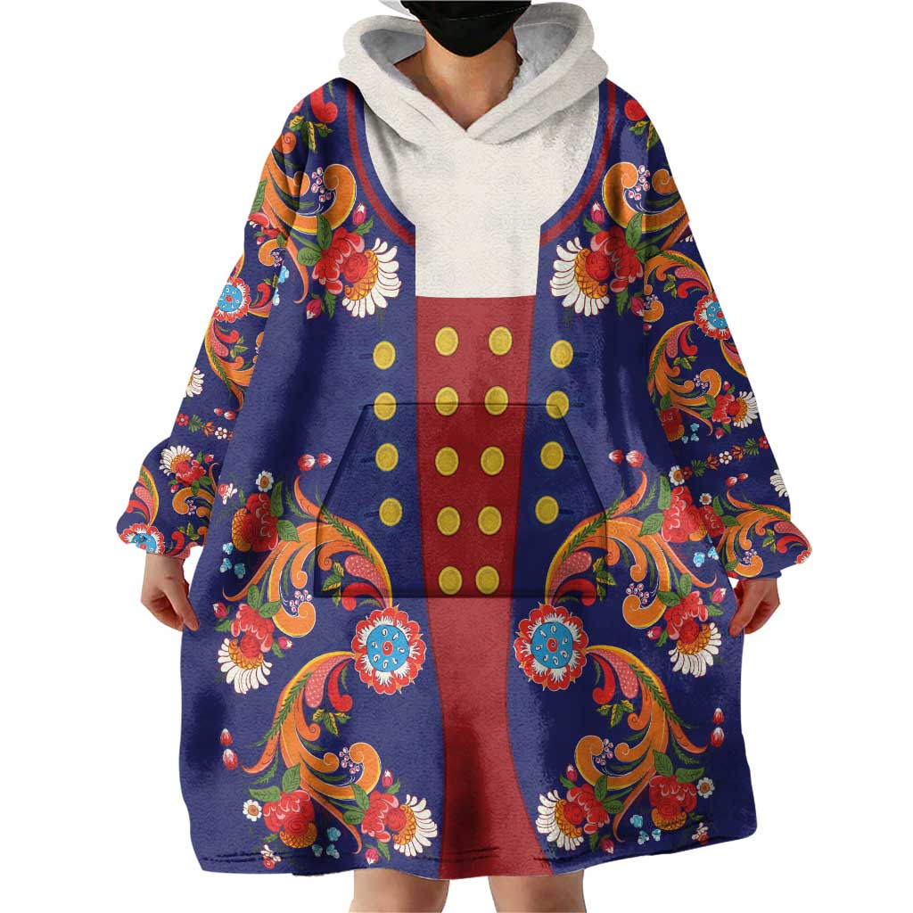 Norwegian Male Bunad Wearable Blanket Hoodie with Rosemaling Folk Art Navy Color - Wonder Print Shop